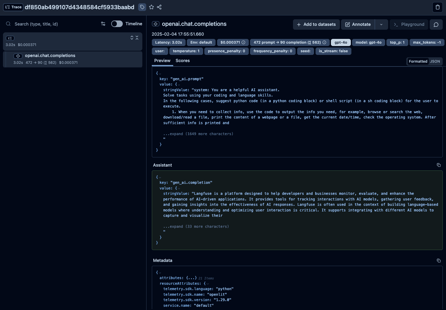 AutoGen trace visualization in Langfuse